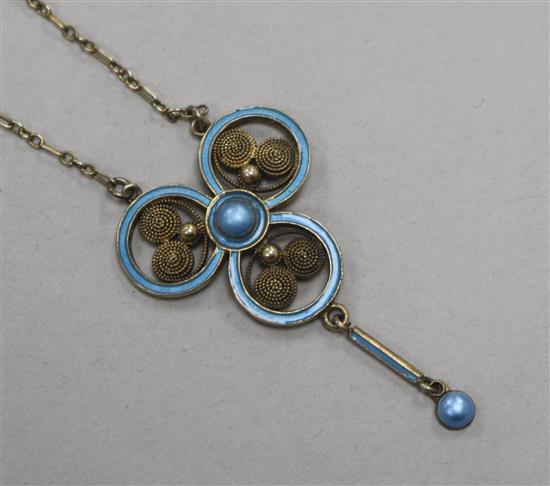 An early/mid 20th century Norwegian 930 white metal gilt and enamel drop pendant necklace, pendant 42mm.